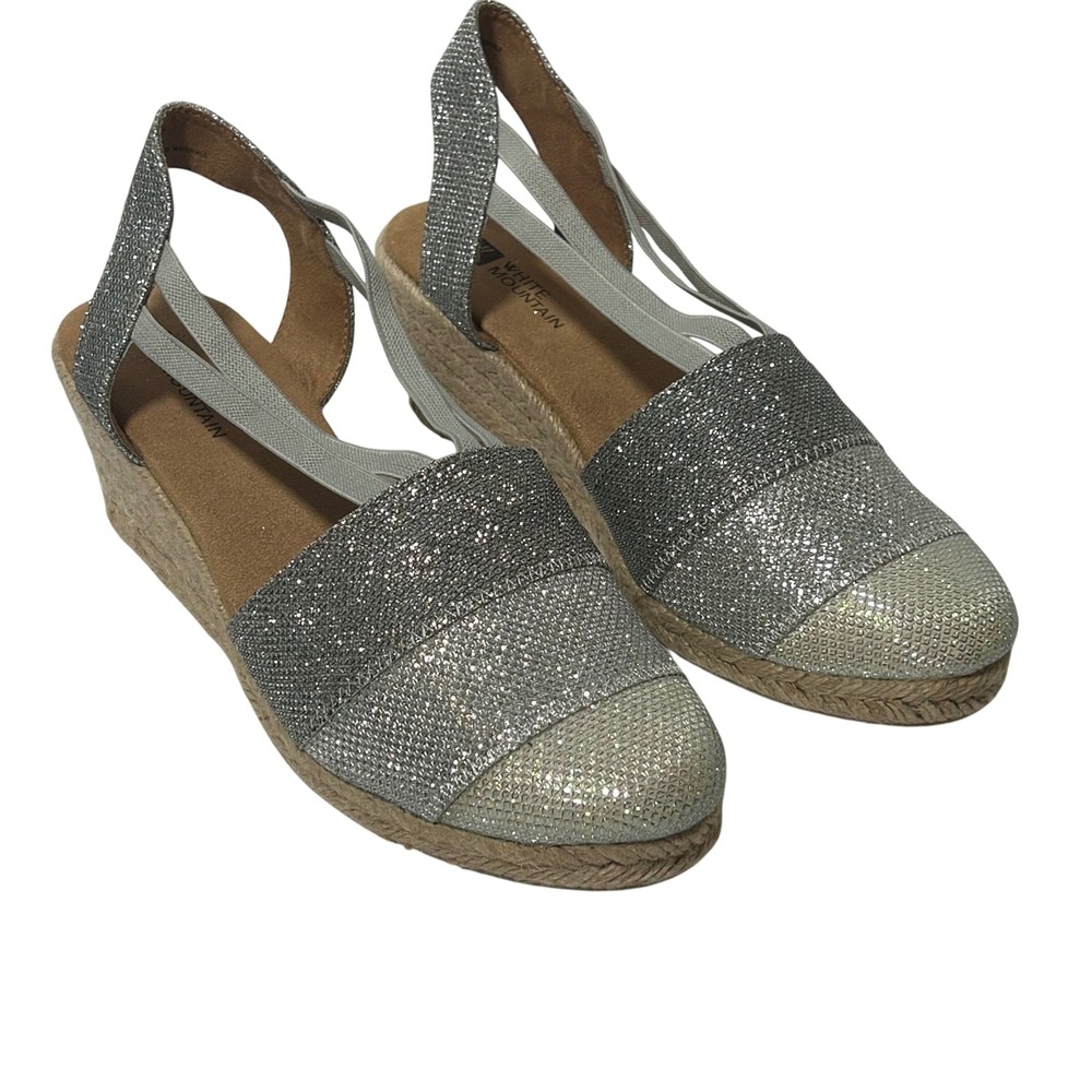 White Mountain Supreme Silver Glitter Espadrille Wedge Sandals Womens 8.5 M